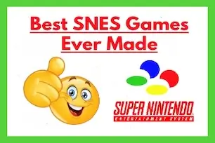 Retro-themed graphic with a thumbs-up emoji, SNES controller buttons, and bold red text reading “Best SNES Games Ever Made” — promoting a guide to top Super Nintendo classics.
